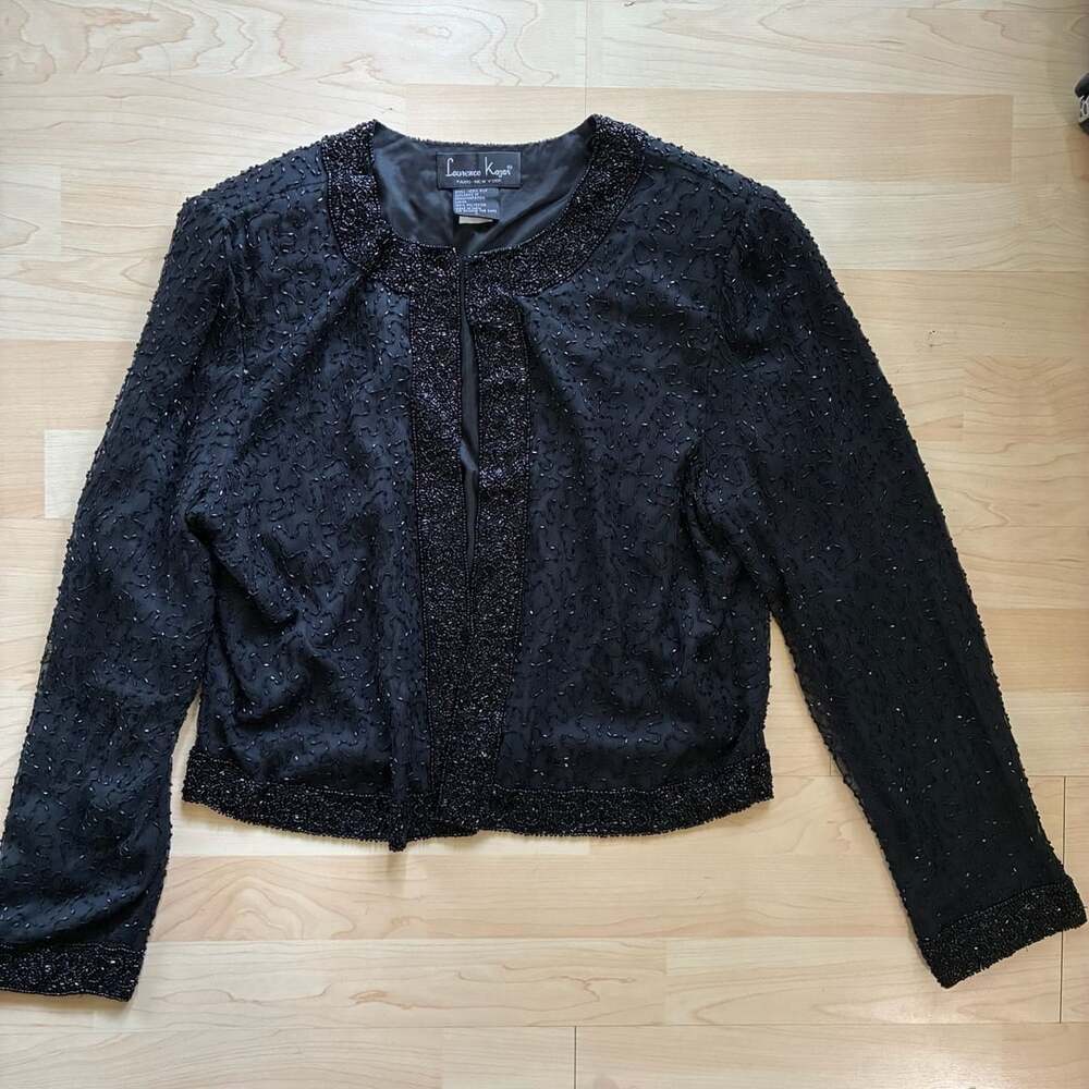 Vintage Laurence Kazar Paris New York Black Beaded 100% Silk Evening Jacket L